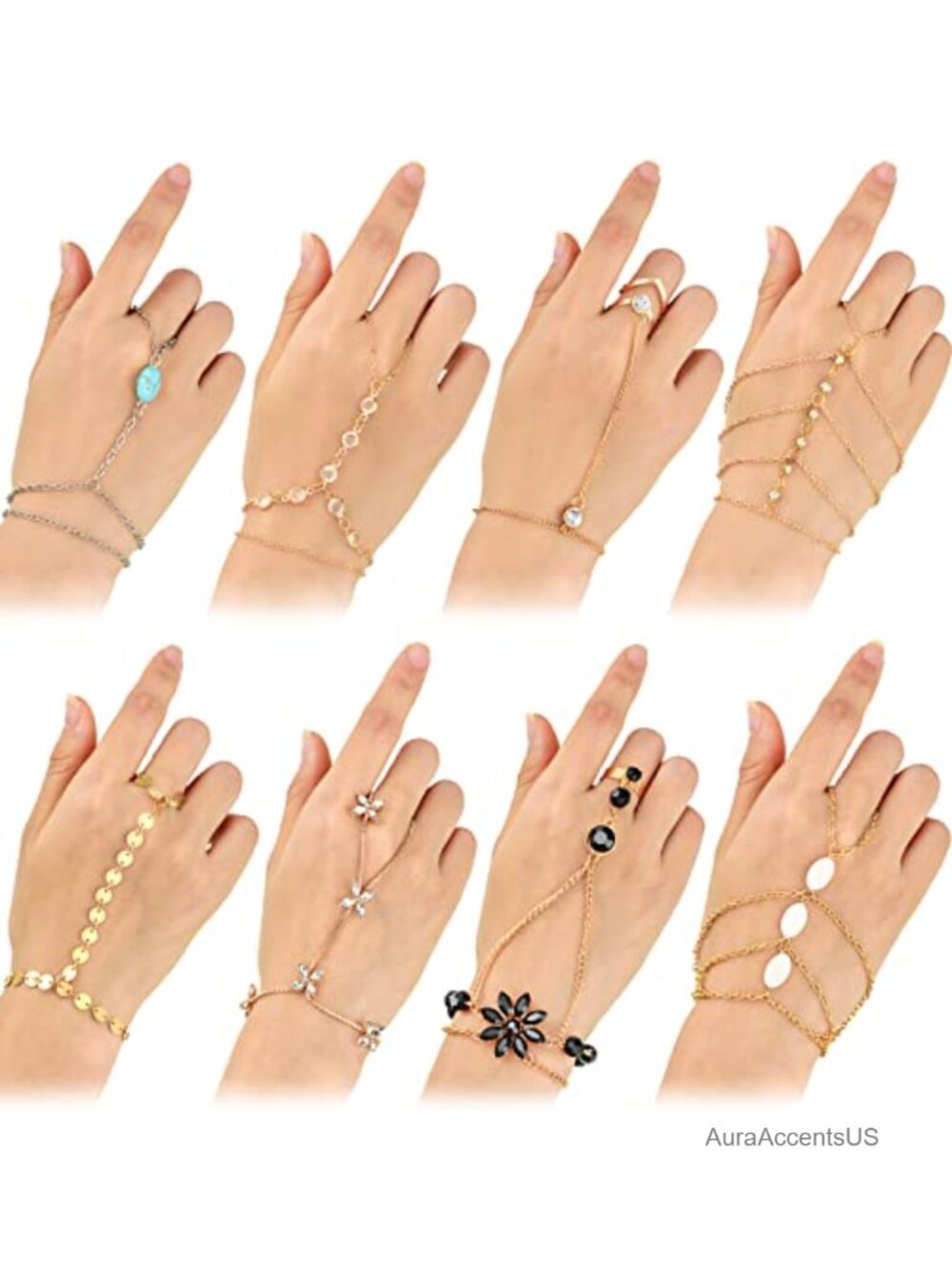 8 Pc Hand Chain Bracelet Ring Set Women Boho Adjustable Gold Tone Jewelry